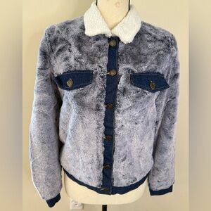 Mebon faux fur denim style coat plush blue outerwear white collar denim trim SM